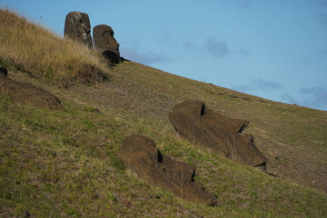 Four Moai statues on a hillside on Easter Island