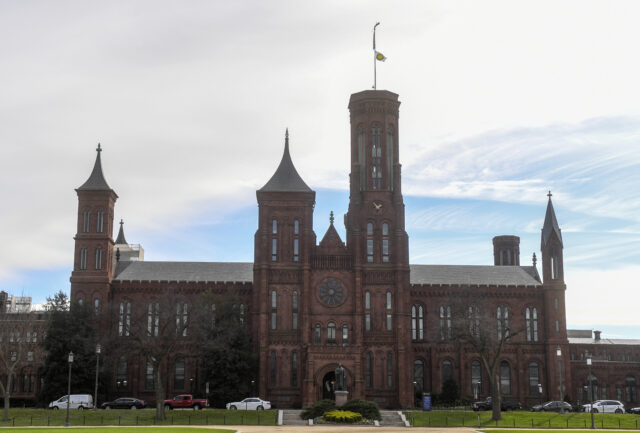 Exterior of the Smithsonian Castle on an overcast day