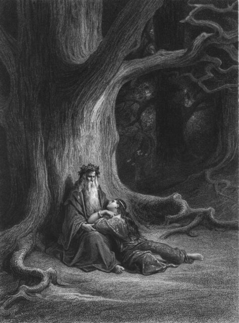 Illustration of Merlin and Vivian underneath of a tree.