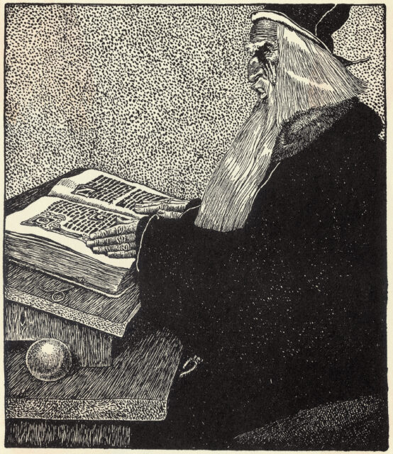 Illustration of Merlin the Wizard holding a book.