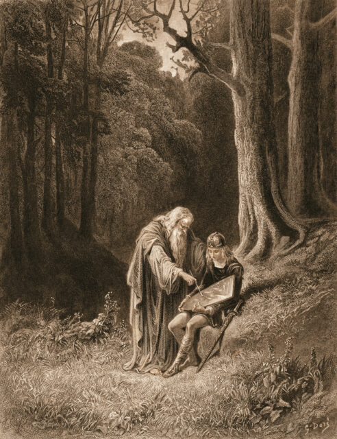 Illustration of Merlin painting the young knight's shield in a forest.