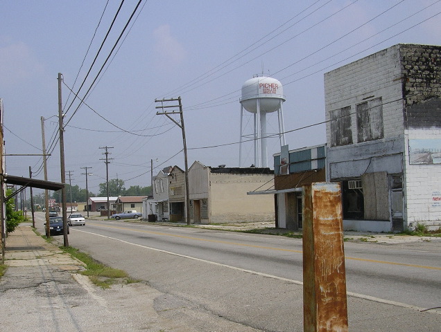 A street and water tower in Picher, Oklahoma.