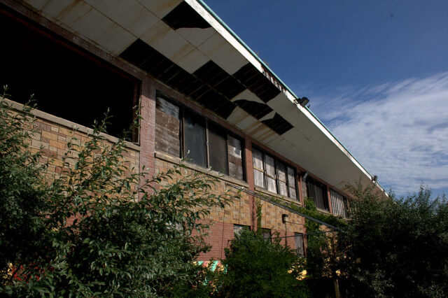 Exterior of a building surrounded by shrubs