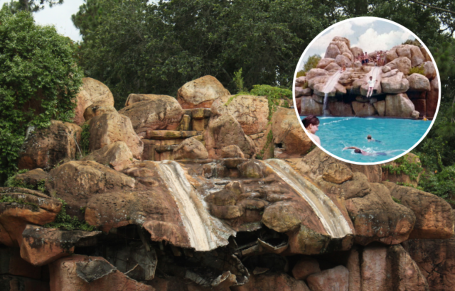 Abandoned rock-themed water slide at Disney's River Country + Guests going down two rock-themed water slides, with others swimming in the pool beneath them