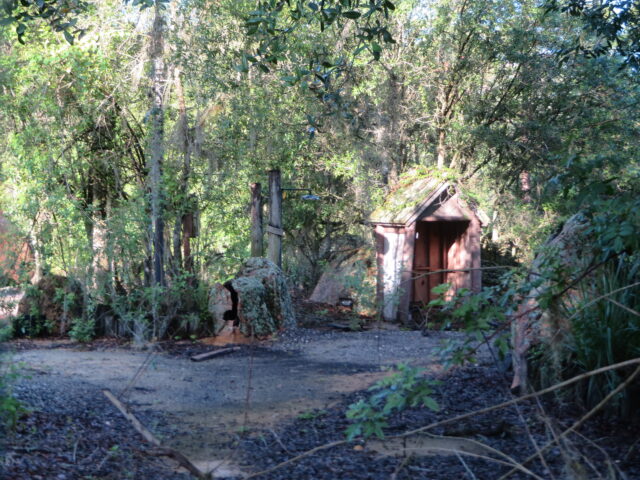 Towel return shed surrounded by trees at Disney's River Country