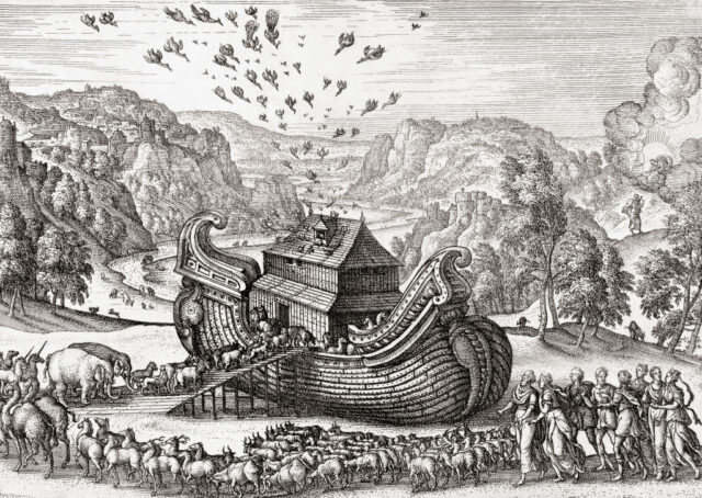 Illustration showing animals and people standing around Noah's Ark