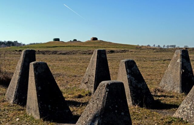 Concrete dragon's teeth erected in a grassy field