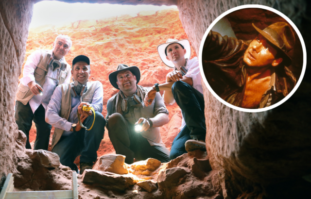 Josh Gates standing with three archaeologists + Harrison Ford as Indiana Jones in 'Indiana Jones and the Last Crusade'