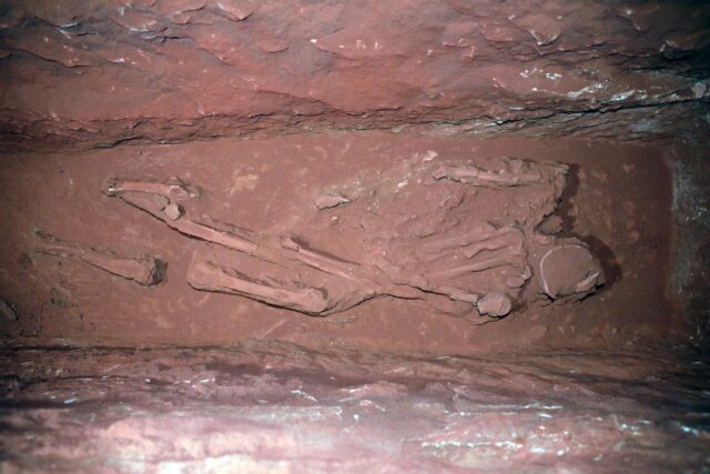 Overhead view of a partially-unearthed skeleton