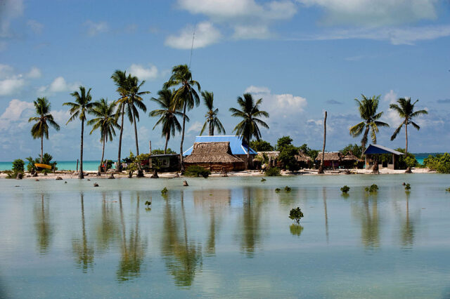 Buildings on an island in the middle of the Pacific Ocean