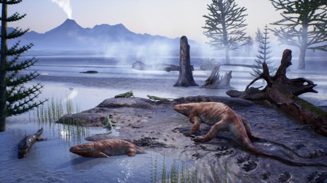 Rendering of Permian Period-era creatures walking along the edge of a lake, with a volcano in the distance