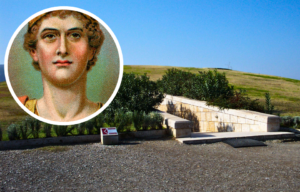 Entrance to the Royal Tombs at Vergina, Greece + Portrait of Alexander the Great