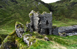 View of Kinbane Castle on an overcast day