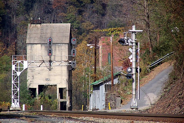 Coal tower situated along railroad tracks