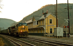 Train transiting past the railroad depot in Thurmond, West Virginia